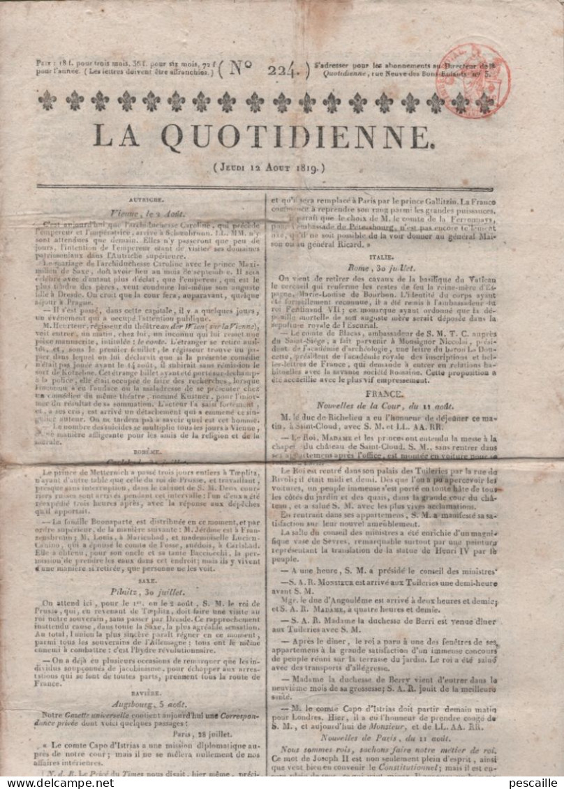 QUOTIDIENNE 12 08 1819 - VIENNE - KARLSBAD - PILNITZ - METIER DE ROI - CHARLES-JEAN DE SUEDE - FIEVEE - MOULINS ACCIDENT - 1800 - 1849