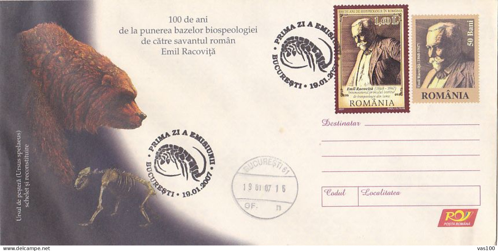 SCIENCE, NATURE, BIOSPELEOLOGY, EMIL RACOVITA, COVER STATIONERY, ENTIER POSTAL, OBLIT FDC, 2007, ROMANIA - Nature