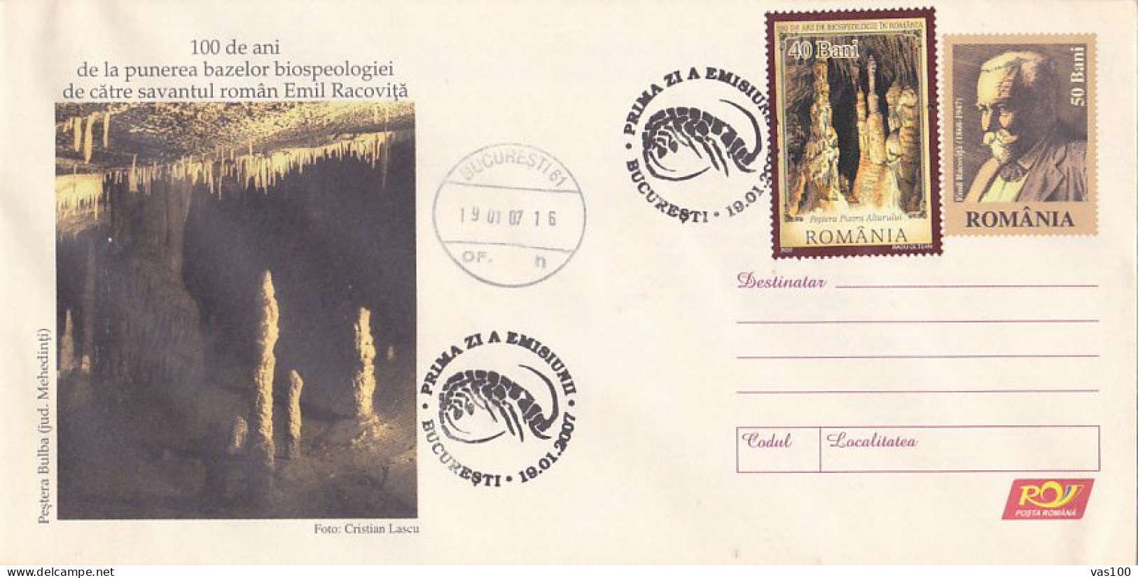 SCIENCE, NATURE, BIOSPELEOLOGY, EMIL RACOVITA, COVER STATIONERY, ENTIER POSTAL, OBLIT FDC, 2007, ROMANIA - Nature