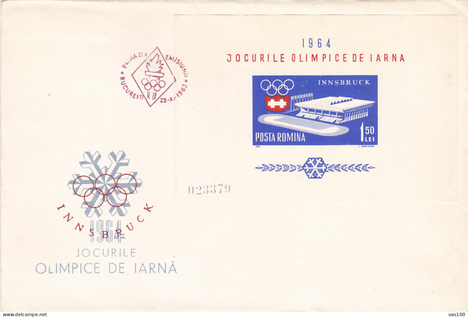 OLYMPIC GAMES, INNSBRUCK'64, WINTER, COVER FDC, 1963, ROMANIA - Inverno1964: Innsbruck