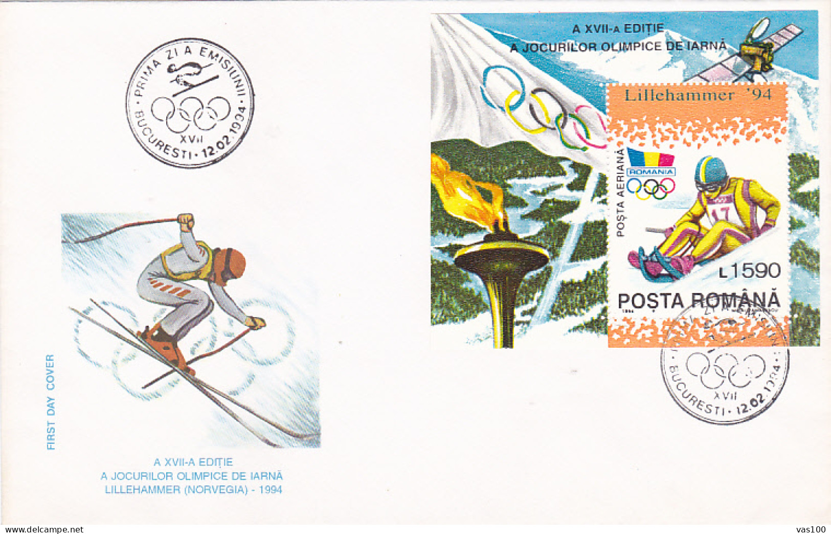 OLYMPIC GAMES, LILLEHAMMER'94, WINTER, BOBSLED, SKIING, COVER FDC, 1994, ROMANIA - Invierno 1994: Lillehammer