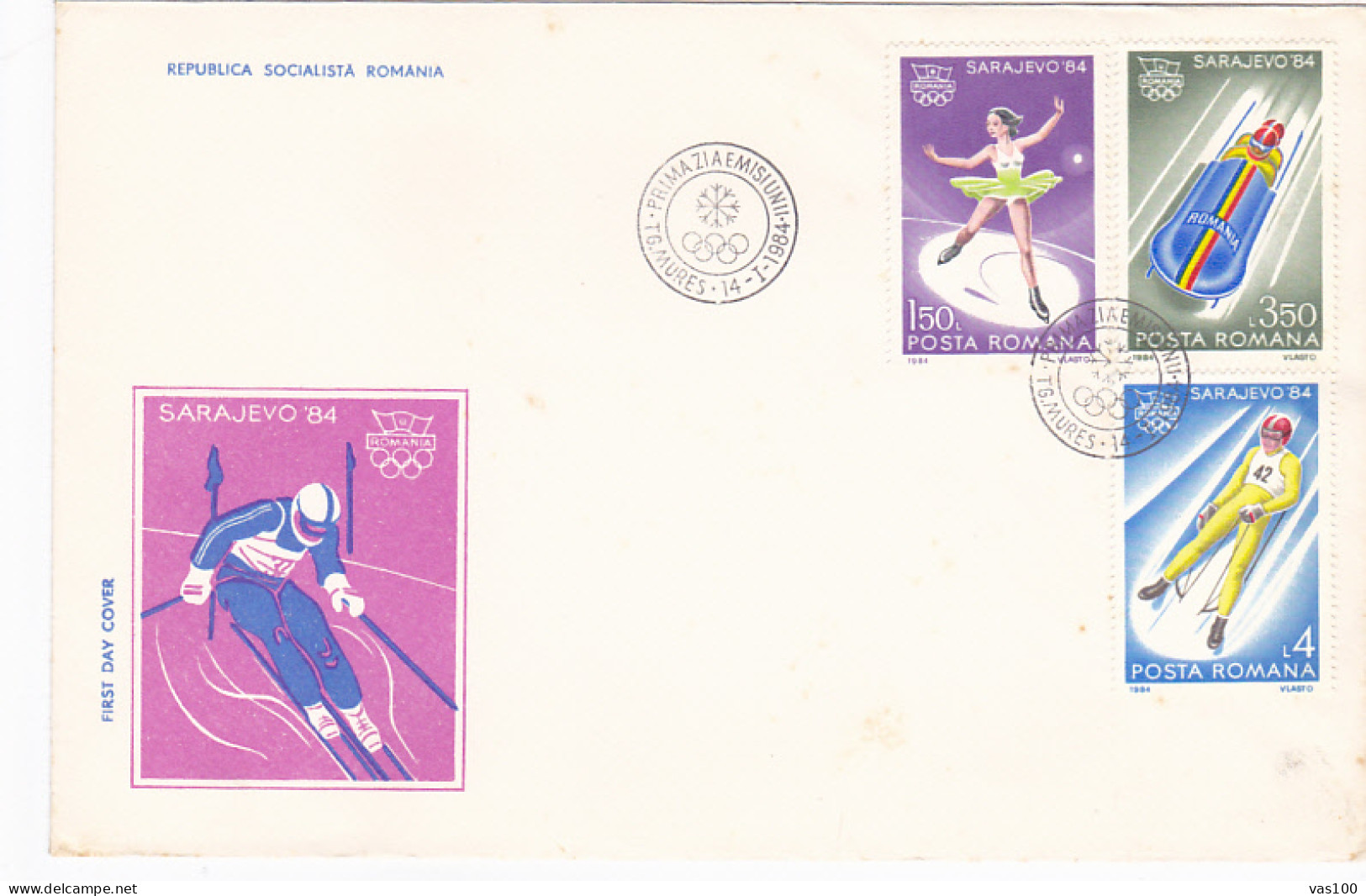 OLYMPIC GAMES, SARAJEVO'84, WINTER, BOBSLED, FIGURE SKATING, SKIING, ICE HOCKEY, COVER FDC, 3X, 1984, ROMANIA - Winter 1984: Sarajevo