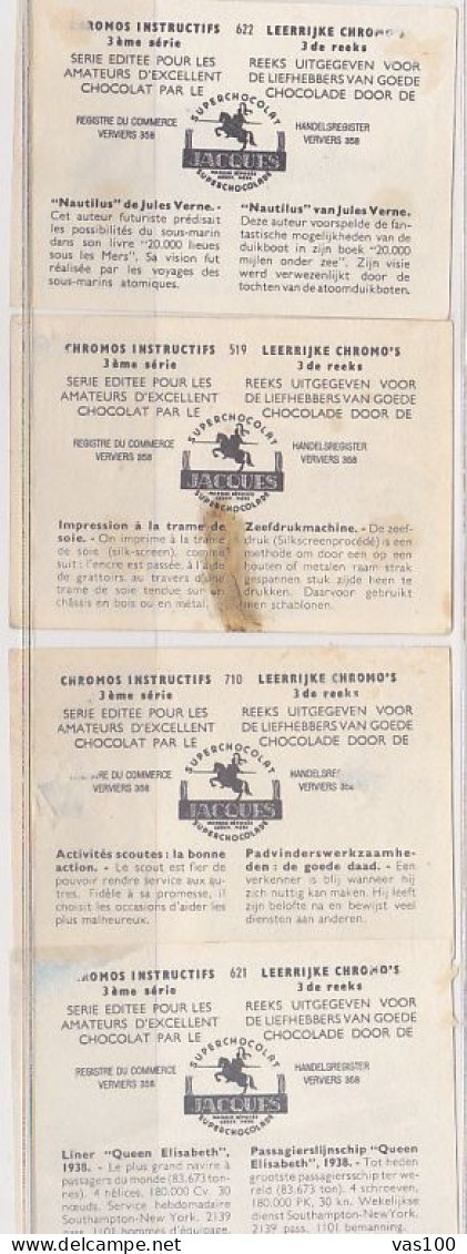 TRADE CARDS, CHOCOLATE, JACQUES, SCIENCE, NAUTILUS, PRINTING, SCOUTS, SHIP, 4X - Jacques