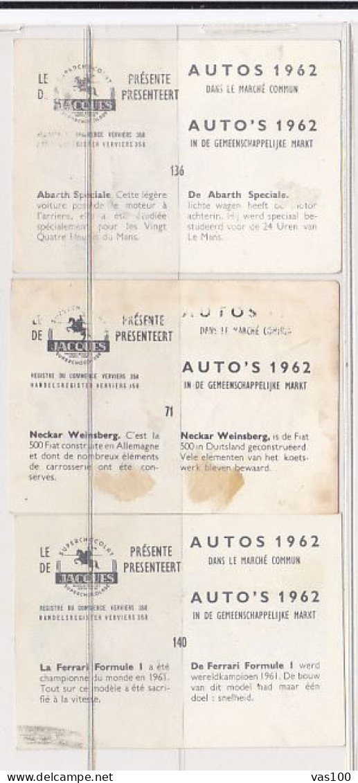 TRADE CARDS, CHOCOLATE, JACQUES, CARS OF 1962, 3X - Jacques