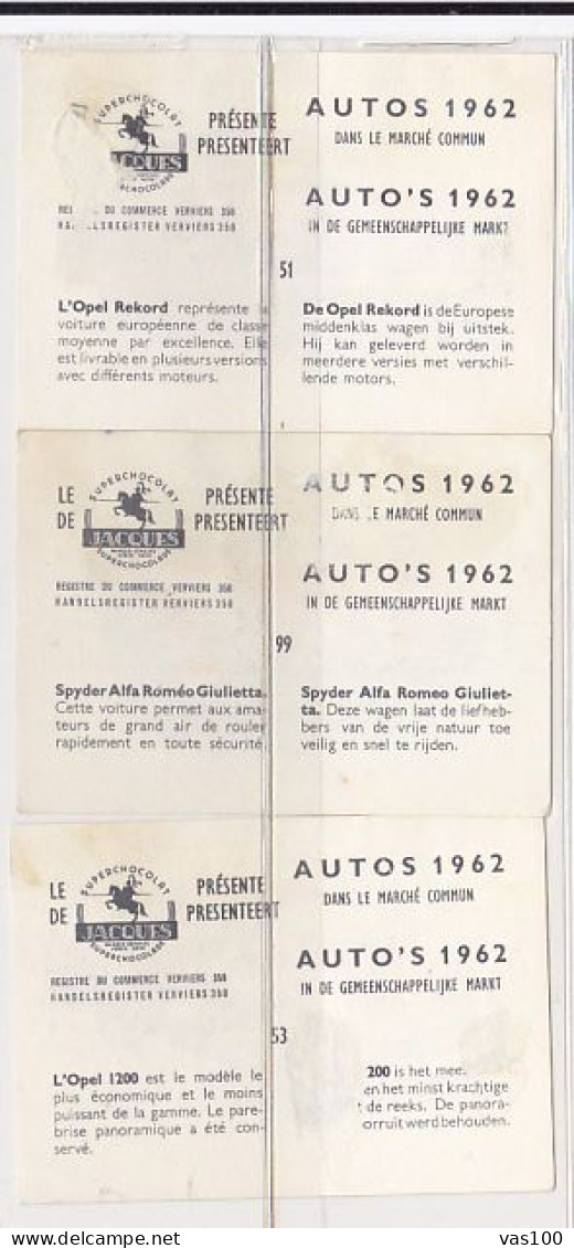 TRADE CARDS, CHOCOLATE, JACQUES, CARS OF 1962, 3X - Jacques