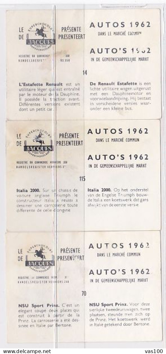 TRADE CARDS, CHOCOLATE, JACQUES, CARS OF 1962, 3X - Jacques