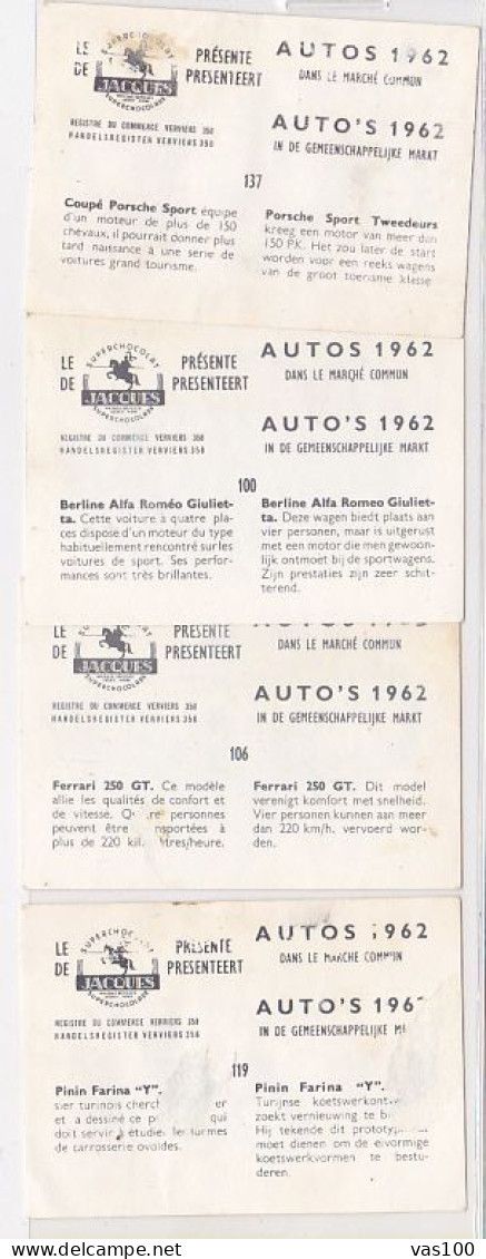 TRADE CARDS, CHOCOLATE, JACQUES, CARS OF 1962, 4X - Jacques