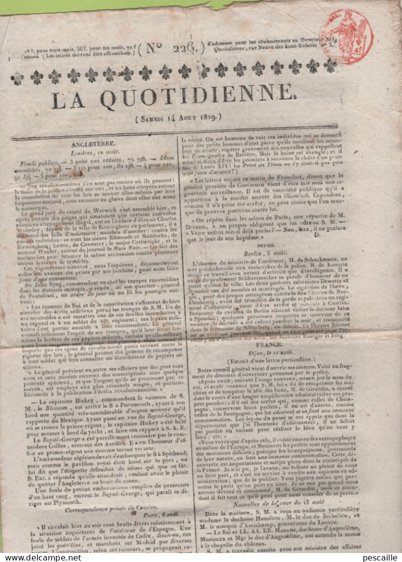 QUOTIDIENNE 14 08 1819 - ANGLETERRE - PRUSSE - DIJON - 10 AOUT 1792 - AGDE - VATTEVILLE - CHEVRES DE CACHEMIRE - 1800 - 1849