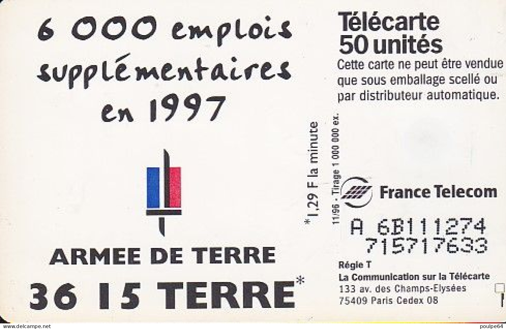 F707 11/1996 - ARMÉE DE TERRE - 50 SO3 - (verso : N° A+6+C+6 Chiffres - Deux Lignes - 2 ème Ligne  Vers La Droite) - 1996