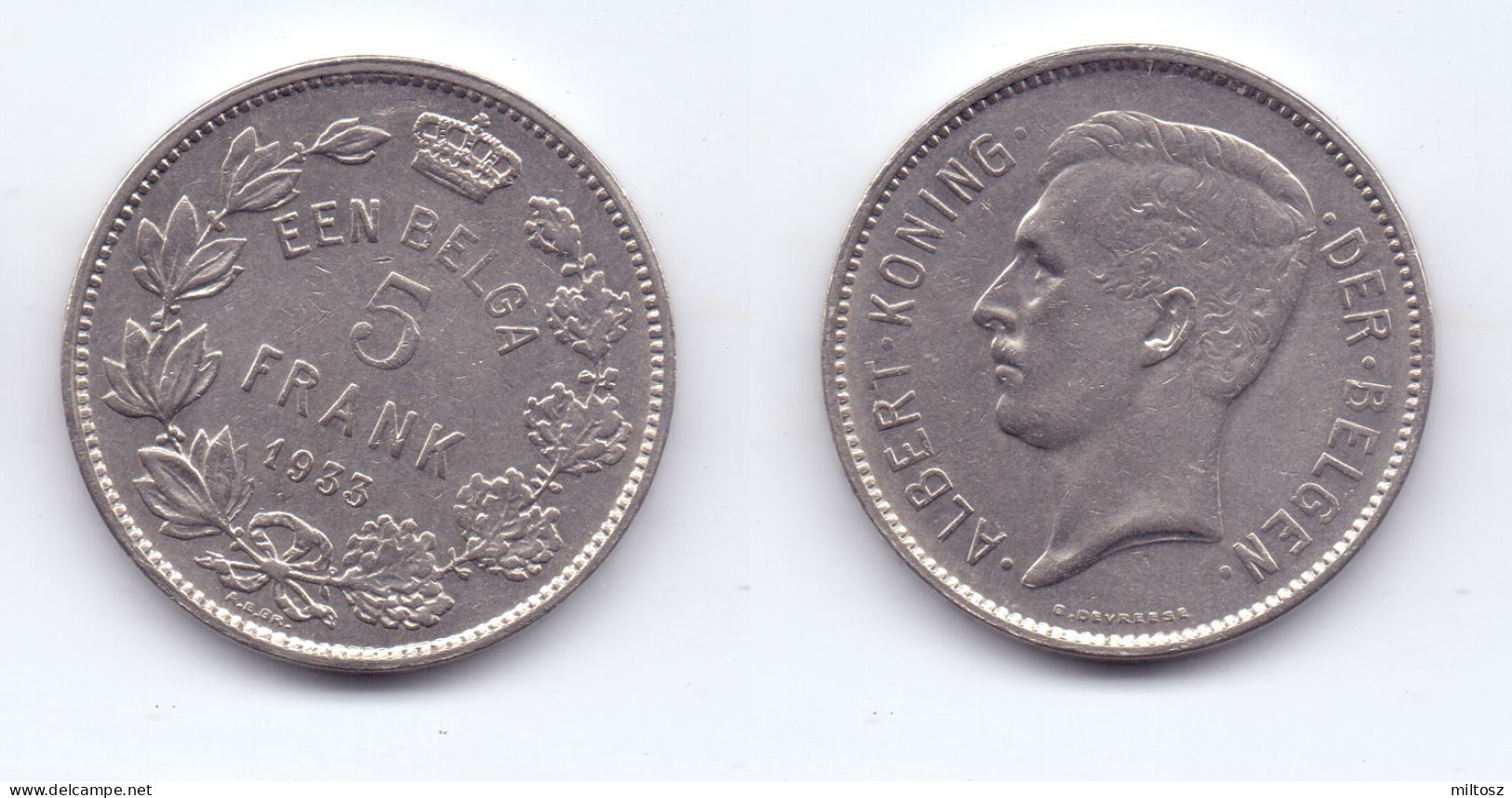 Belgium 5 Francs 1933 (legend In Dutch) Pos. B - 5 Frank & 1 Belga