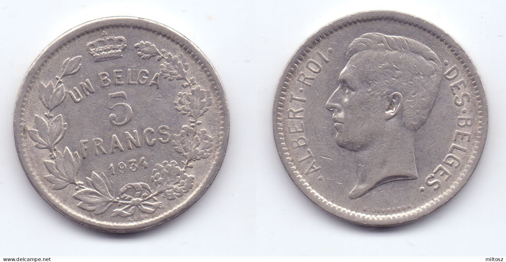 Belgium 5 Francs 1934 (legend In French) Pos. A - 5 Francs & 1 Belga