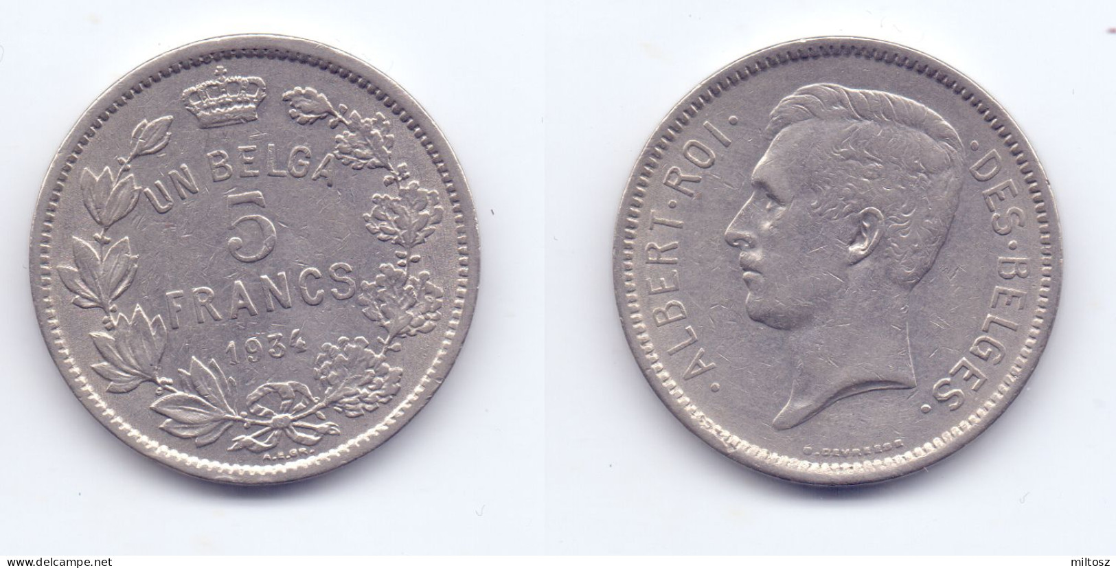 Belgium 5 Francs 1934 (legend In French) Pos. B - 5 Francs & 1 Belga