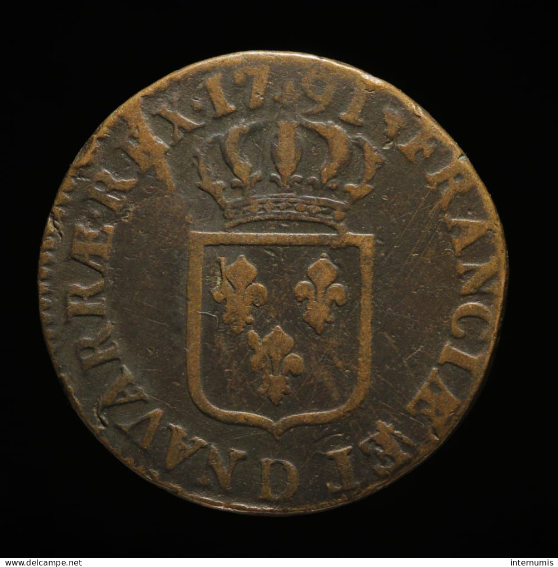 France, Louis XVI, 1 Sol, 1791, D - Lyon, Cuivre (Copper), TTB (EF), KM#578.5, G.350 - 1774-1791 Louis XVI