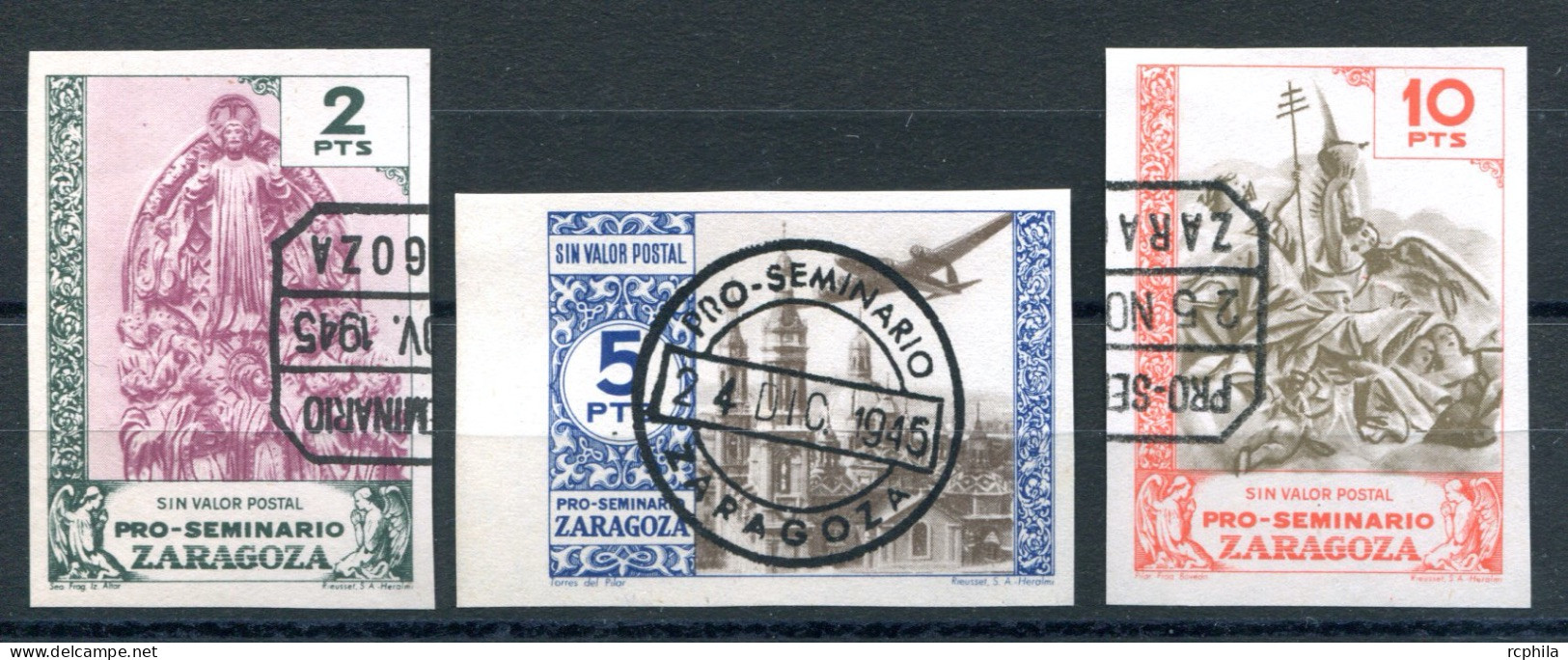 RC 26325 ESPAGNE 1945 PRO SEMINARIO DE ZARAGOZA VIGNETTES DE BIENFAISANCE NON DENTELÉES OBLITÉRÉES TB - Abarten & Kuriositäten