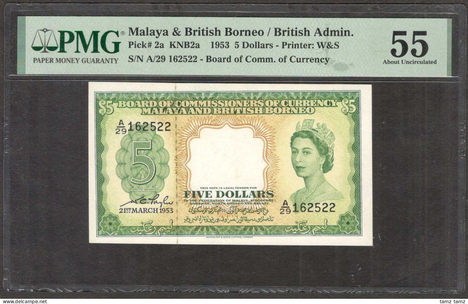 Malaya & British Borneo Malaysia 5 Dollars 1953 P-2a PMG 55 AUNC No Remark - Malasia