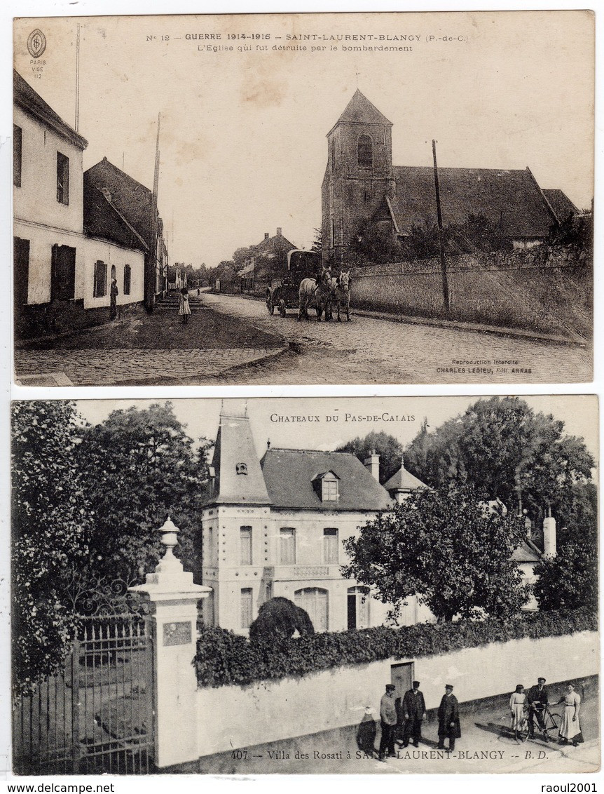 Lot De 2 CP - SAINT LAURENT BLANGY - 62 - Eglise Qui Fut Détruite Par Un Bombardement & Château Villa Des Rosati - Saint Laurent Blangy