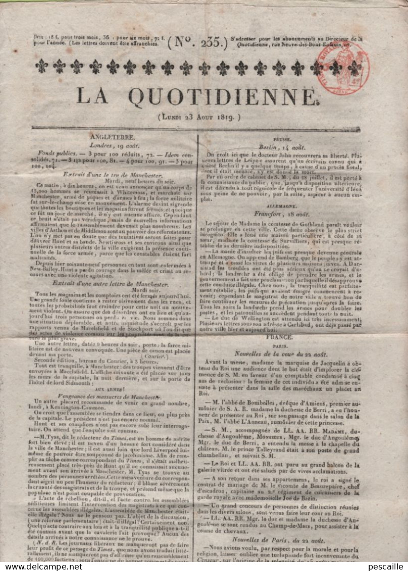 QUOTIDIENNE 23 8 1819 - MASSACRE MANCHESTER - FRANCFORT - LOUIS XIII - BORDEAUX - ROYALISTES PARDON DU ROI AUX REGICIDES - 1800 - 1849