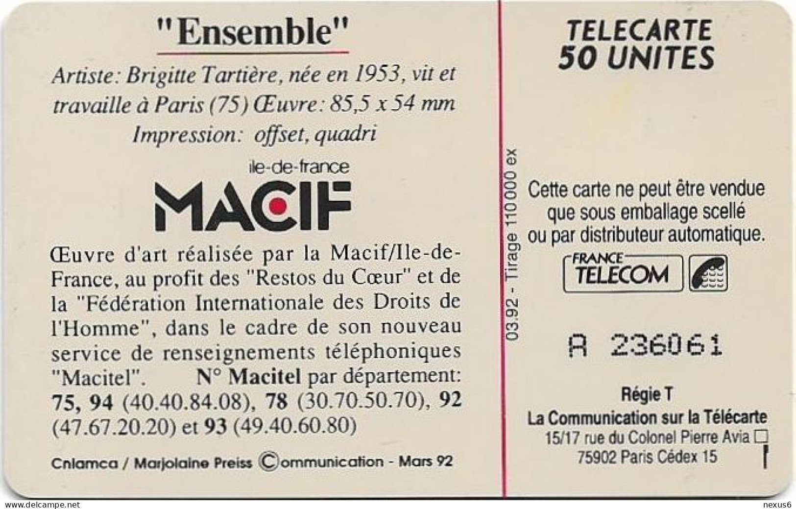 France - 0261.1 - Macif1 Ensemble, Solaic, ''3'' On CN Rounded, 03.1992, 50Units, 110.000ex, Used - 1992