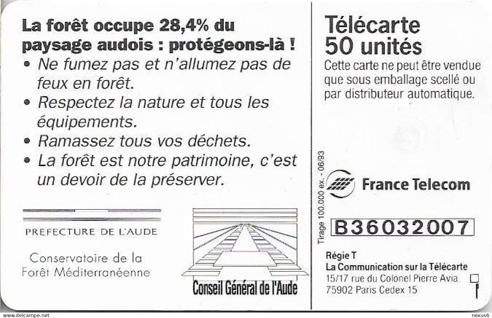 France - 0384 - Aude Incendie De Foret, Gem1A Symm. Black, With 2nd (Transp.) Moreno, 06.1993, 50Units, 100.000ex, Used - 1993