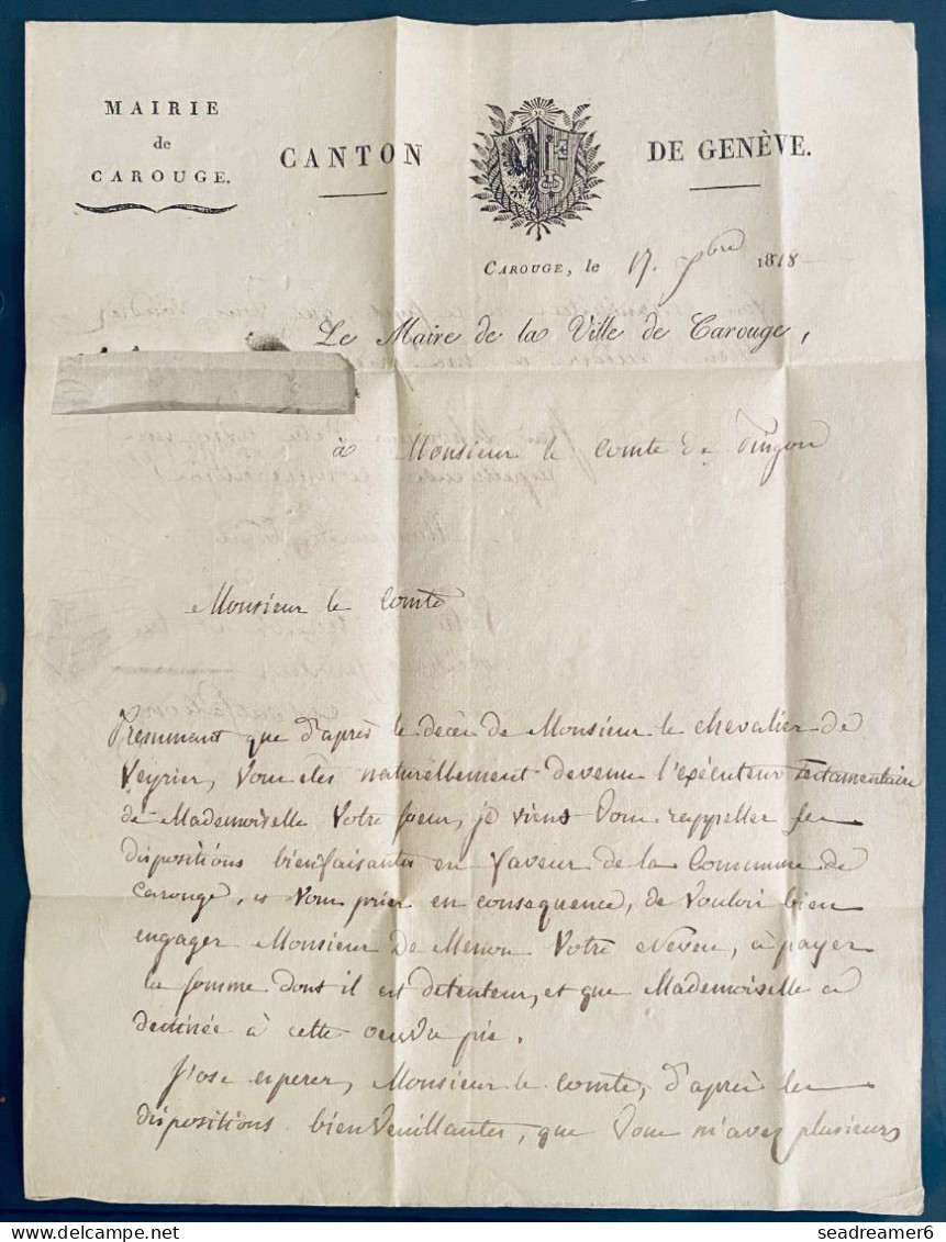 SUISSE Lettre 17 SEPT 1818 Marque CAROUGE + Double Déboursés "DEB 1 / BOURG L'AIN "&" DEB 1 / CHATILLON LEZ DOMBES " RRR - ...-1845 Préphilatélie