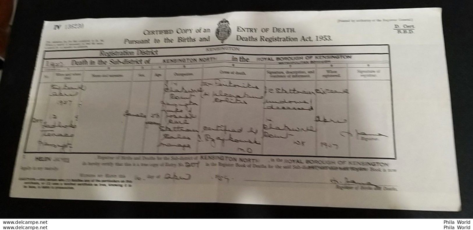 CERTIFIED COPY Of An ENTRY Of DEATH Registration District Royal Borough Of KENSINGTON North GB 1957 - Historical Documents