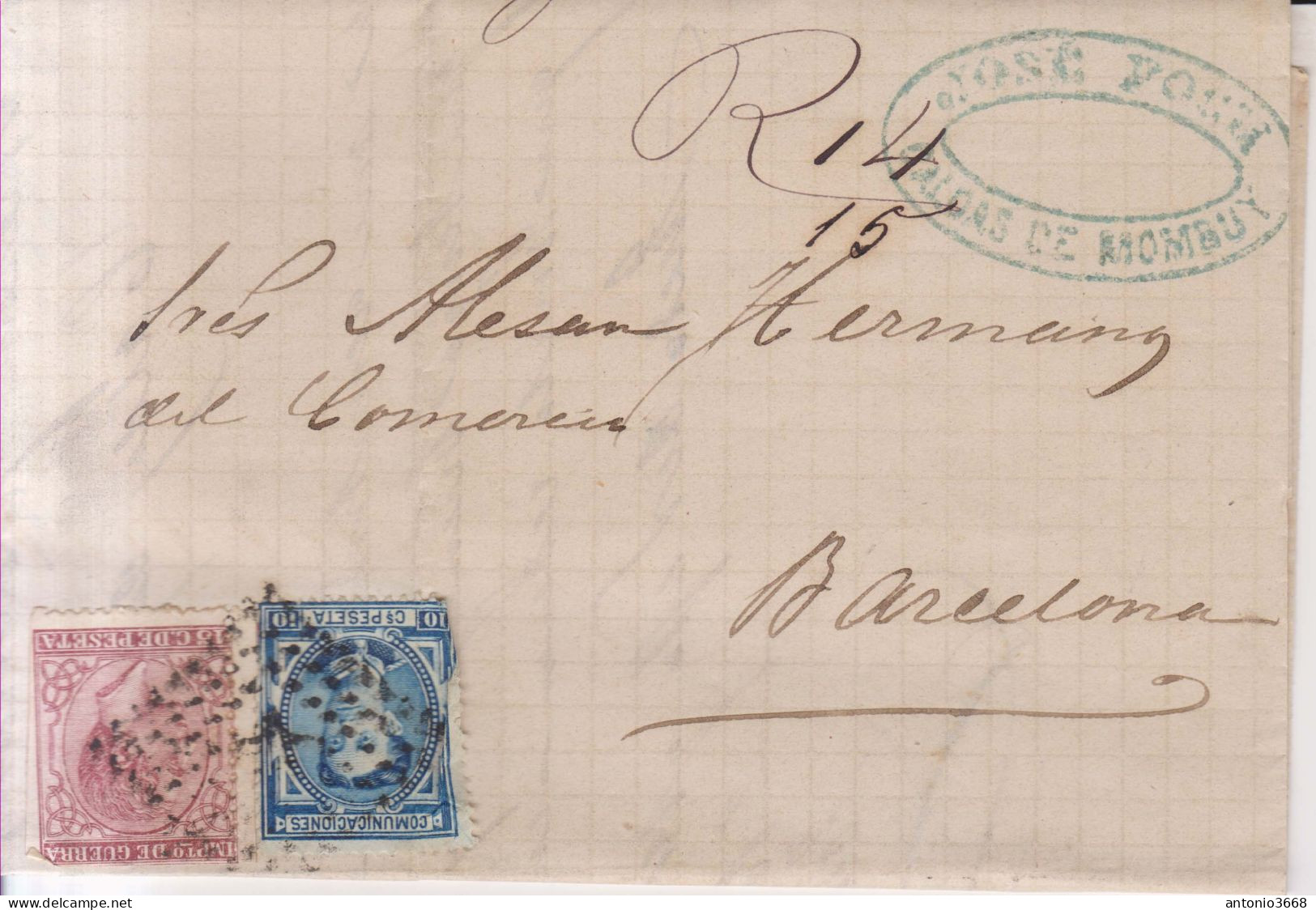 Año 1876 Edifil 175-188 Alfonso XII Carta De Caldes De Montbuy Matasellos Rombo Membrete Jose Poch - Lettres & Documents
