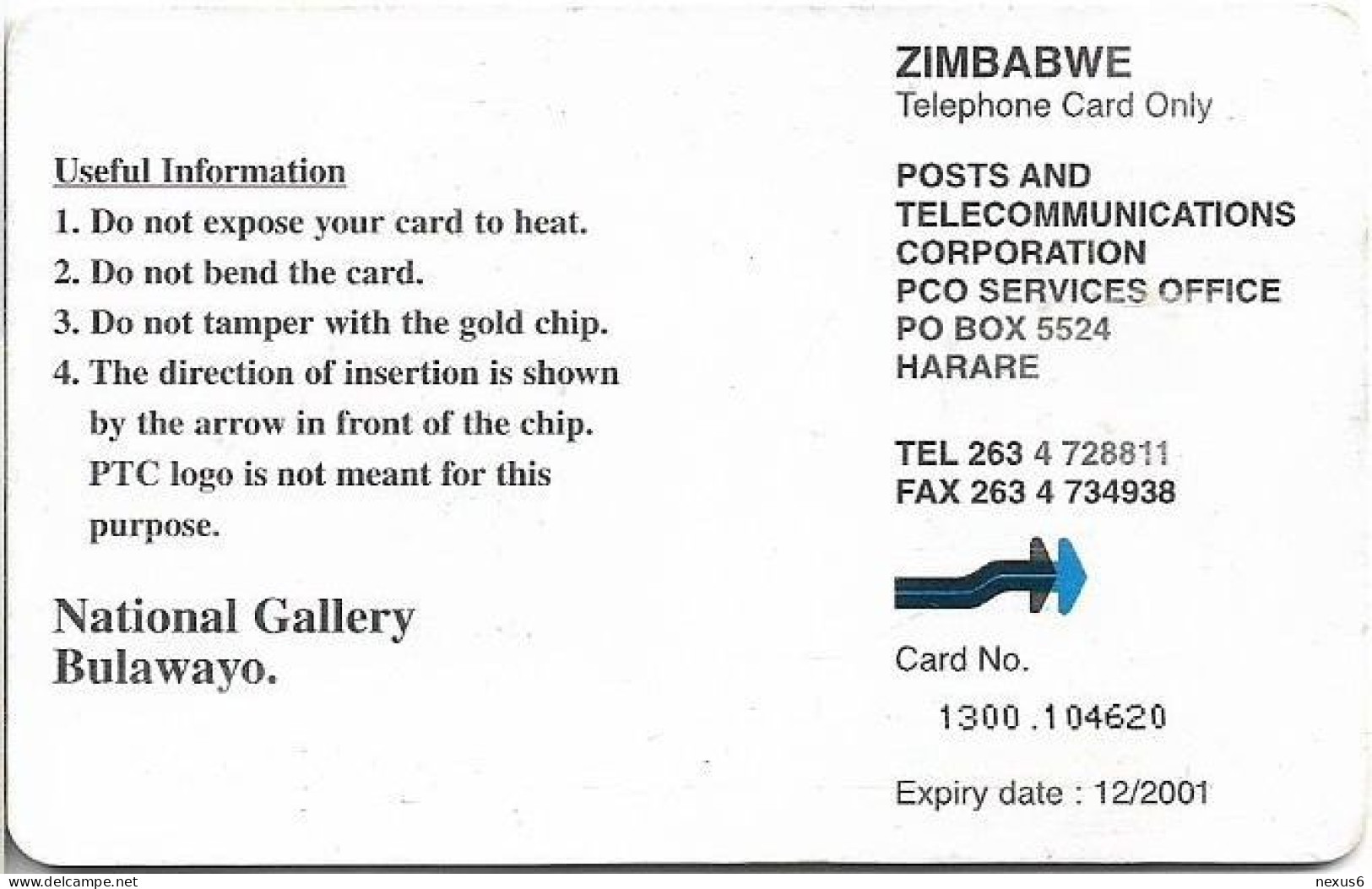 Zimbabwe - PTC - Bulawayo Gallery, Chip Gem5 Black, Exp. 12.2001, 200$, 200.000ex, Used - Simbabwe