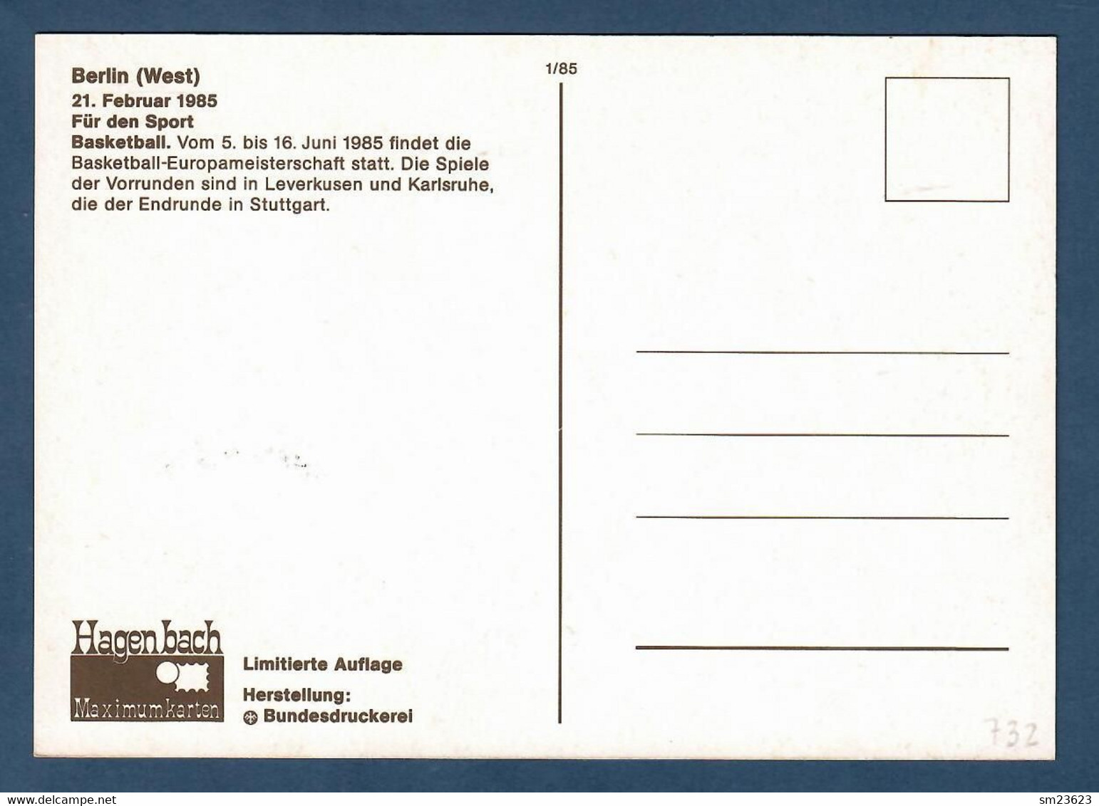 Berlin / West  1985  Mi.Nr. 732 , Basketball - Für Den Sport - Hagenbach Maximum Card - Erstausgabe Berlin 21.2.1985 - Cartes-Maximum (CM)