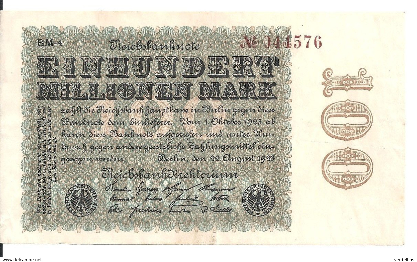 ALLEMAGNE 100 MO MARK 1923 XF+ P 107 - 100 Miljoen Mark