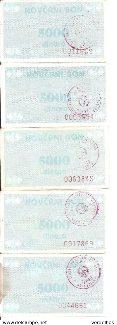 BOSNIE HERZEGOVINE 5000 DINARA ND1992 VF P 51 ( 5 Billets ) - Bosnie-Herzegovine