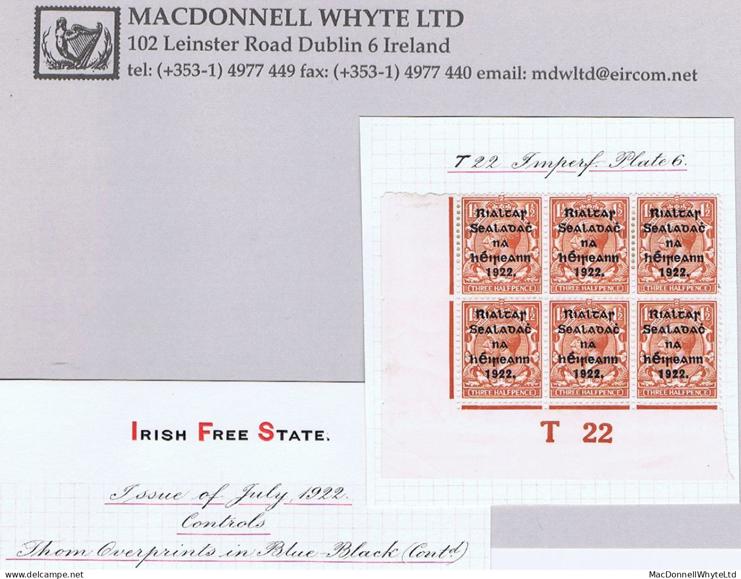 Ireland 1922 Thom Rialtas 5-line Blue-black 1½d, Control T22 Imperf, Corner Block Of 6 Plate 6 Mint, Ex Field - Unused Stamps