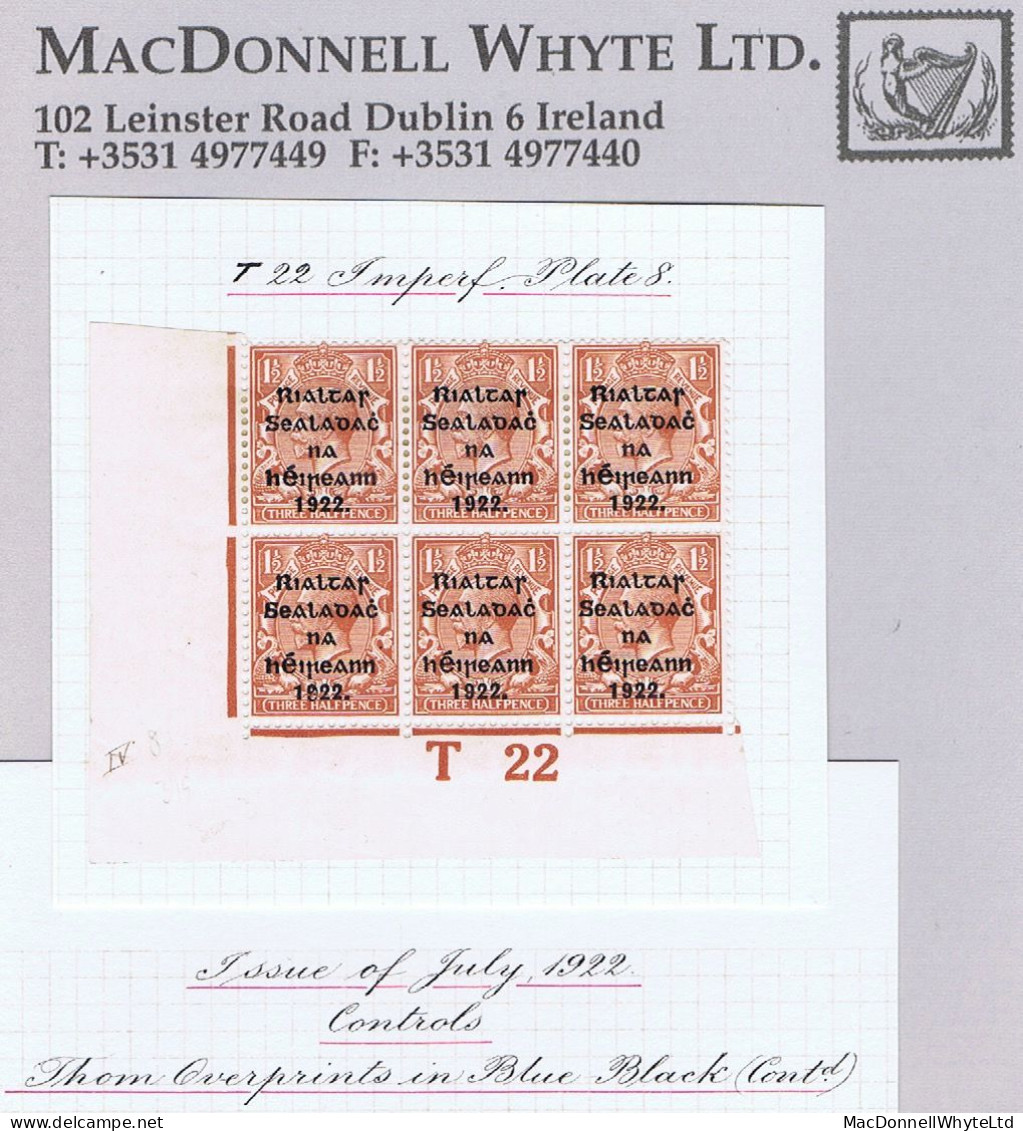 Ireland 1922 Thom Rialtas 5-line Blue-black 1½d, Control T22 Imperf, Corner Block Of 6 Plate 8 Mint, Ex Field - Neufs