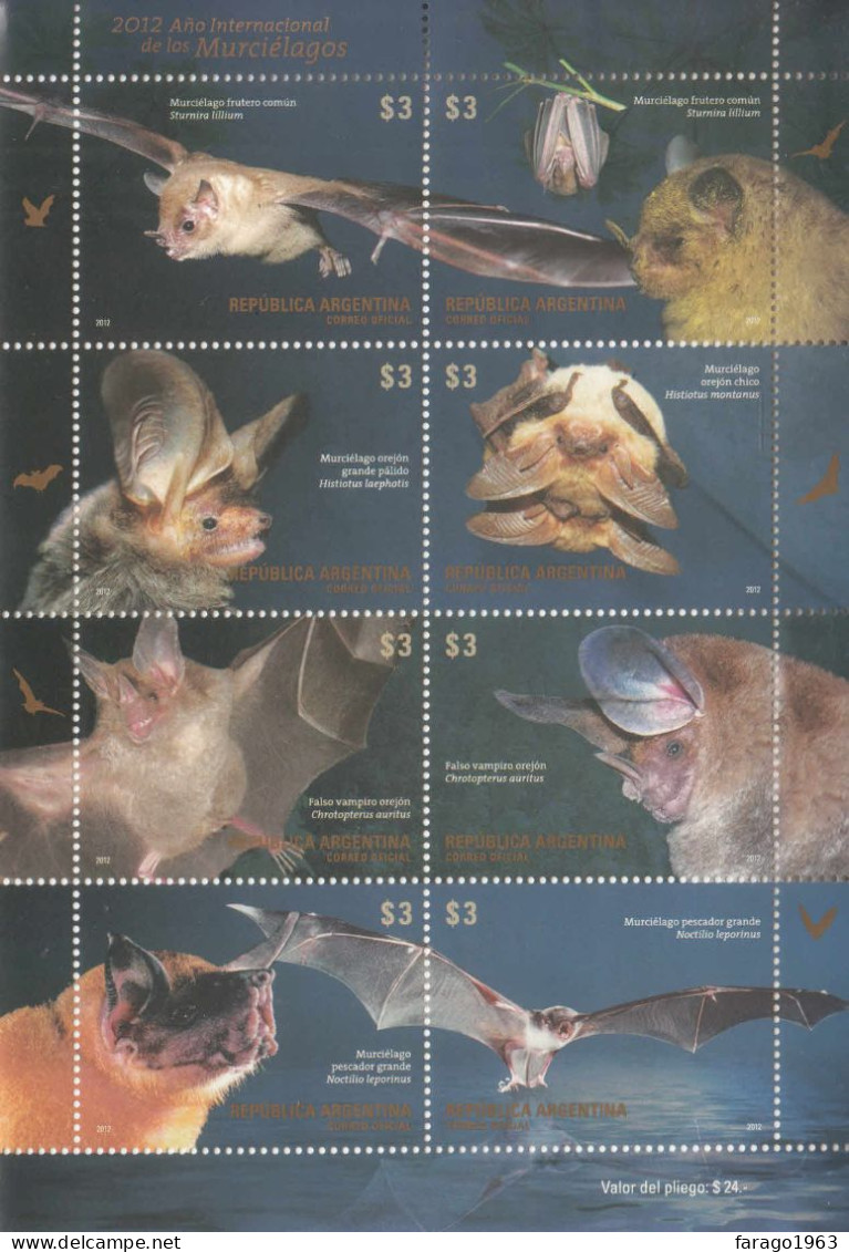 2012 Argentina Bats Miniature Sheet Of 8 MNH - Neufs