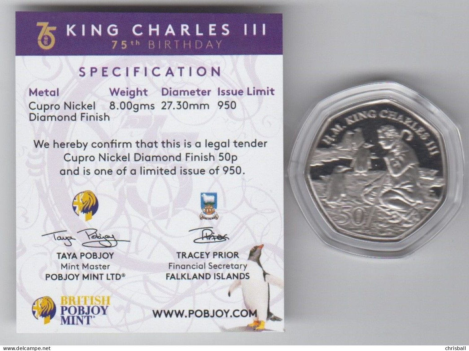 Falkland Islands 2023 50p Coin, HM King Charles 75th Birthday Bunc - Falkland