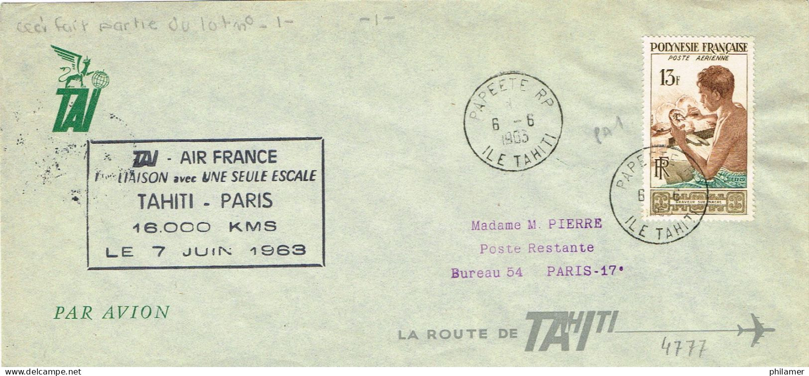 Polynesie Francaise French Polynesia FFC Premier Vol Aerien Air France Tahiti Paris 7/6/63 BE - Covers & Documents