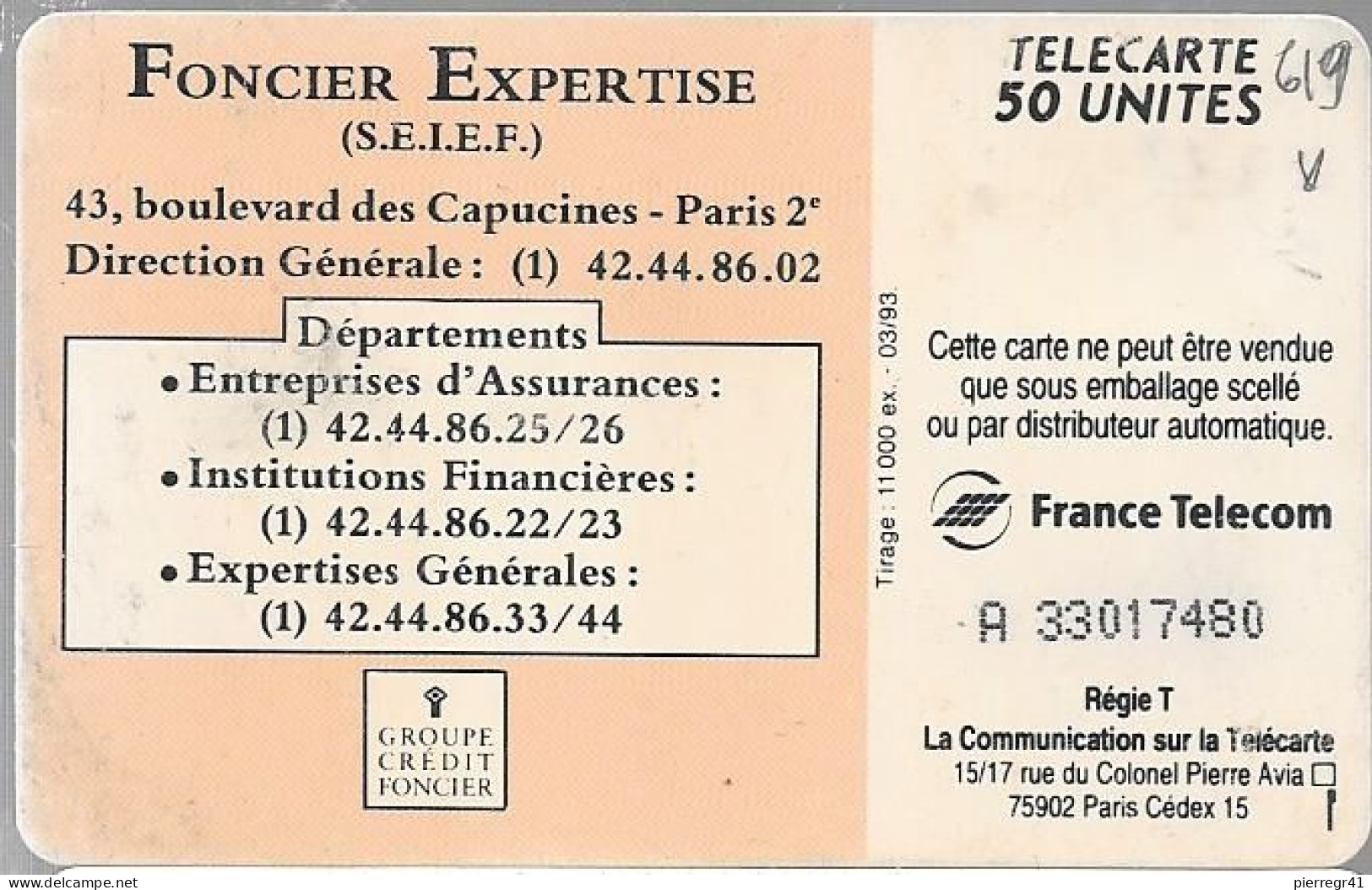 CARTE-PUCE-PRIVEE-PUBLIC-50U-EN619-SO3-03/93-CONTREX-V°N°Laser A 33017480-R°Mat-UTILISE-BE/RARE - 50 Einheiten