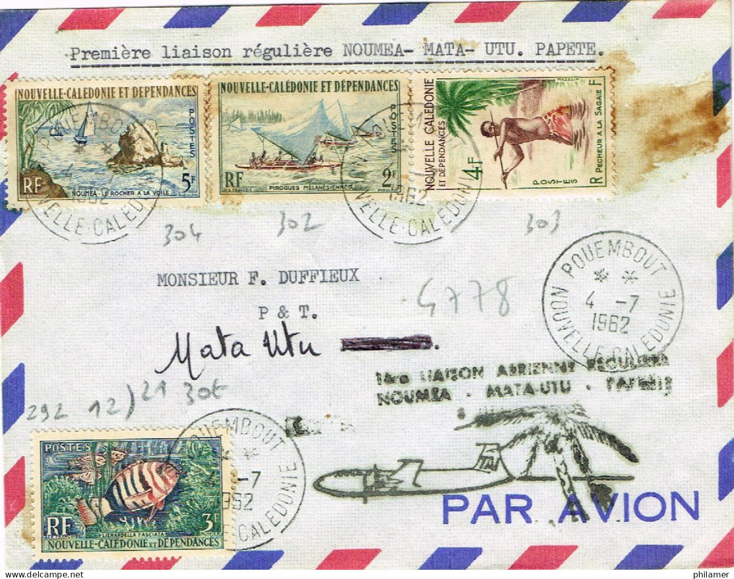 Wallis Futuna Nouvelle Caledonie FFC Premier Vol Aerien Noumea Mata Utu 4/7/62 Us Courant - Lettres & Documents