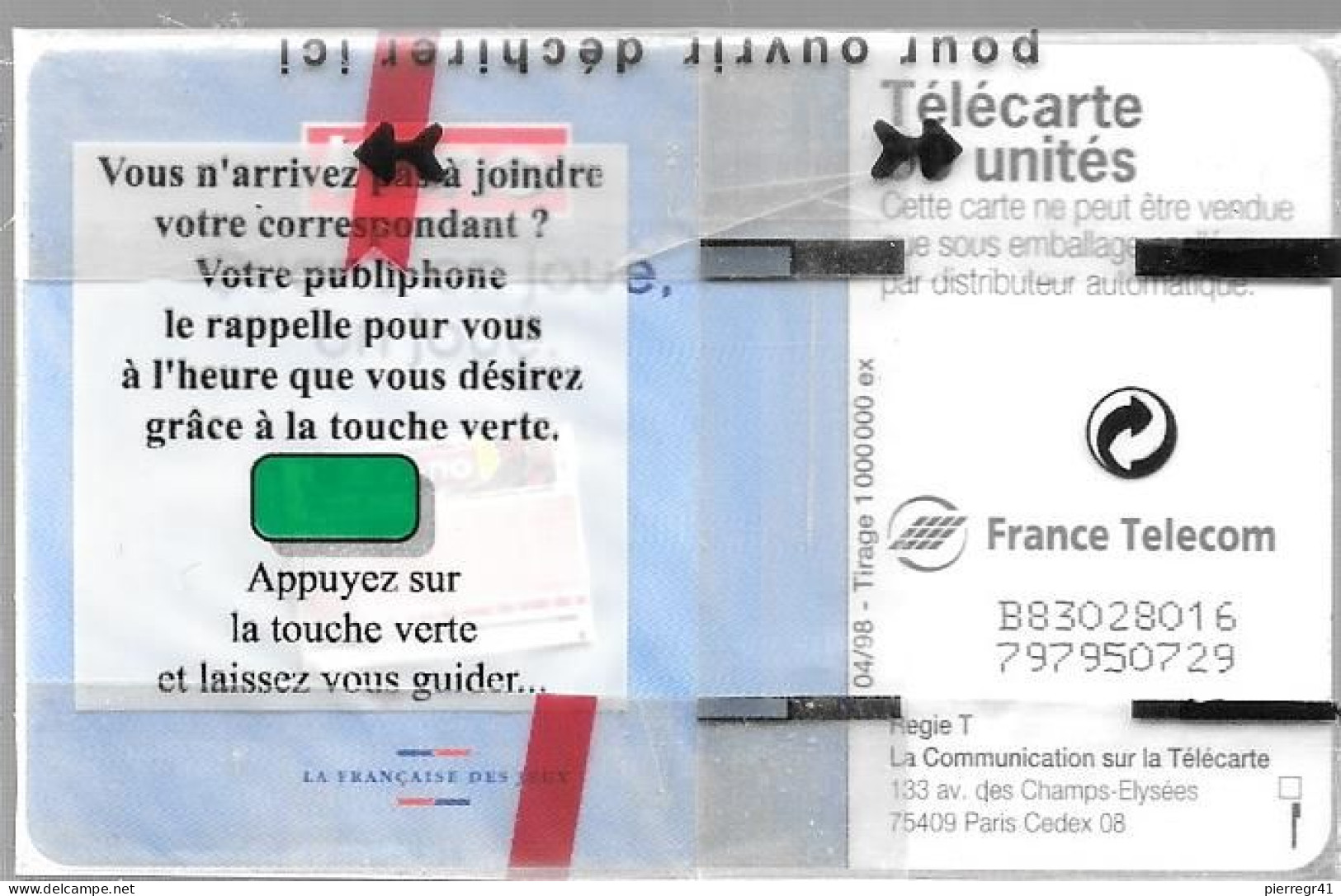 CARTE-PUBLIC-50U-F847-GemA-04/98-KENO-DN-Espacé-V° DN° Série B83028016-NSB-TBE - 1998