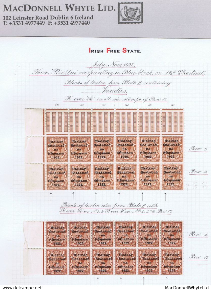 Ireland 1922 Thom Rialtas 5-line Black Ovpt 1½d, Blocks From Plate Setting 2 With "R Over Se" And "R Over S" Vars Mint - Unused Stamps