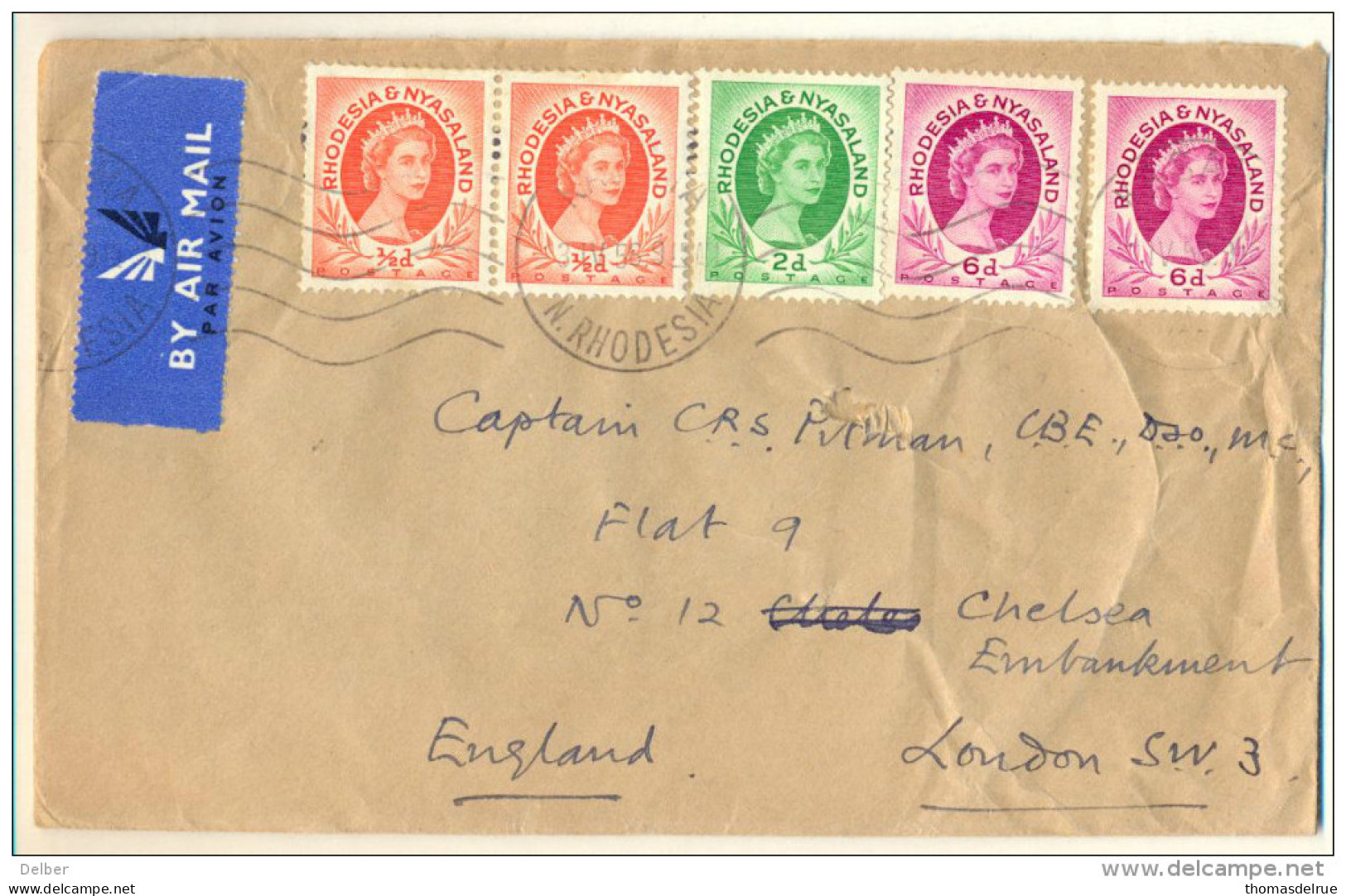 _4V906: Letter N..RHODESIA: 2x ½x+2d+2x 6d : By Airmail > England  3.IV.58 - Rhodésie & Nyasaland (1954-1963)