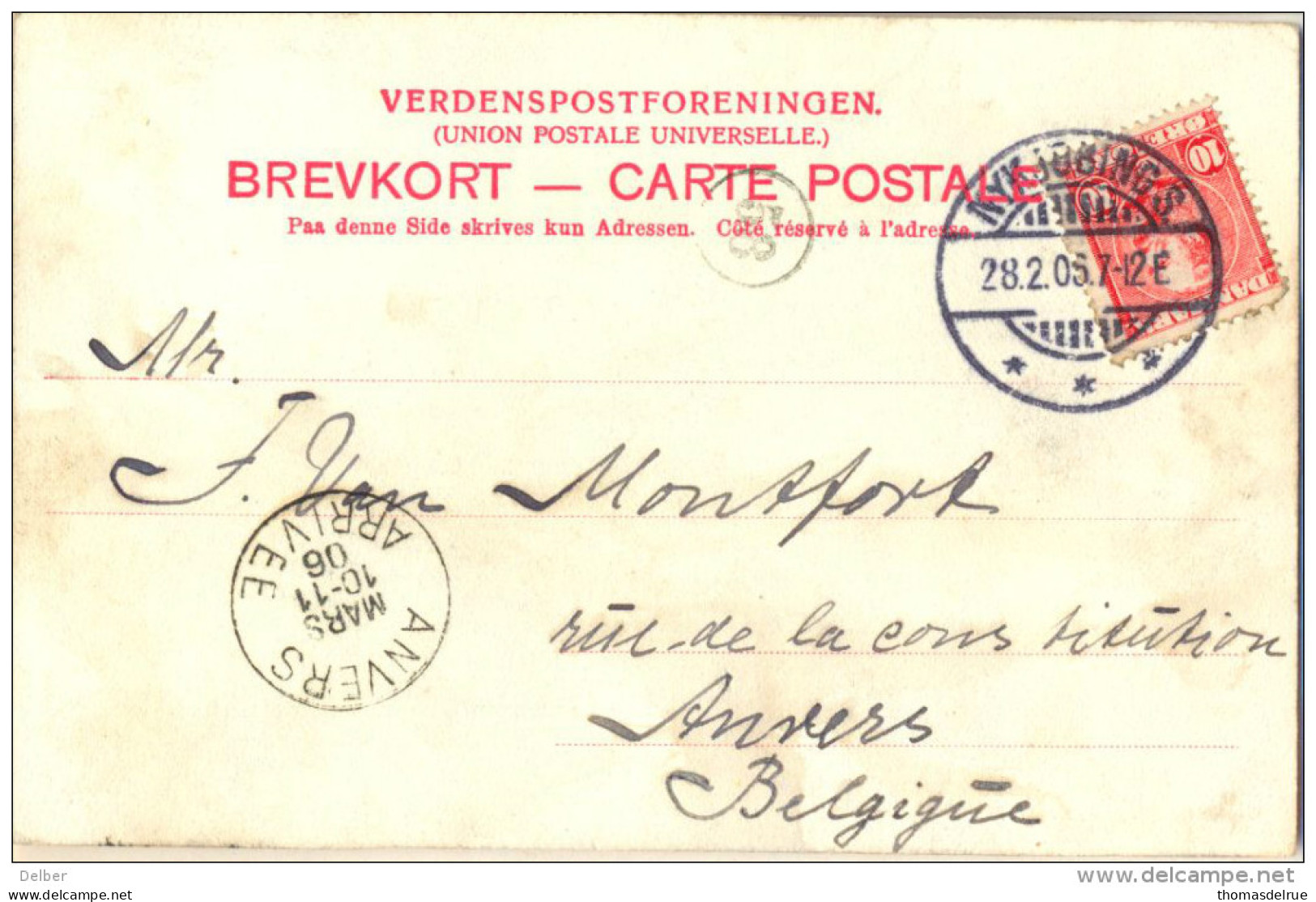 _5Pk977: N°43 / BREVKORT: Stokkebjer Skou Med Lommestenen:  NYKJOSINGS 28.2.06... > Anvers Belgien... - Cartas & Documentos