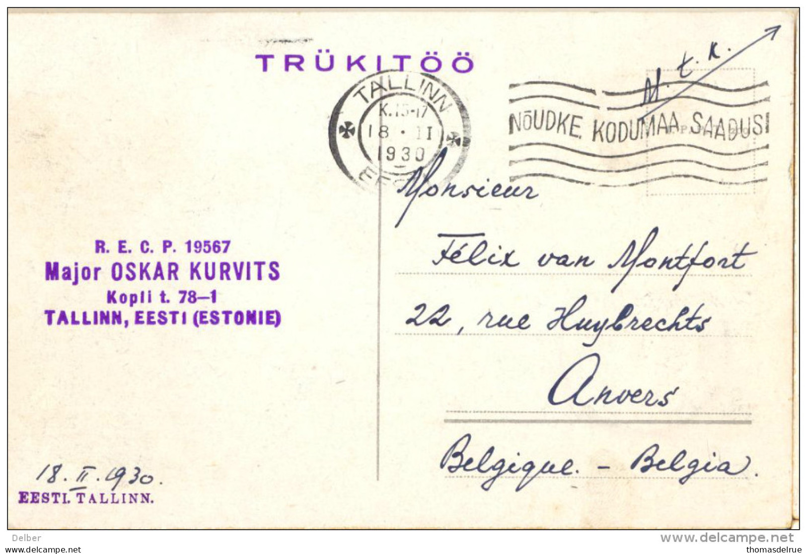 _5Pk997: N° 98+98 / Postkaart: TALLINN - Loss: TALLINN EESTI 1930  > Anvers Belgia - Estonie