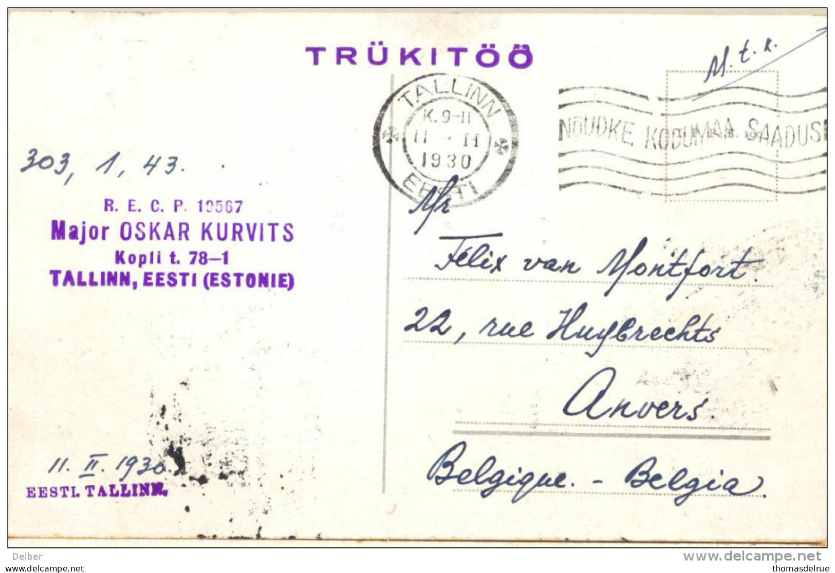 _5Pk998: N° 99 / Postkaart: TALLINN - Vaade Kadriorust: TALLINN EESTI 1930  > Anvers Belgia - Estonie