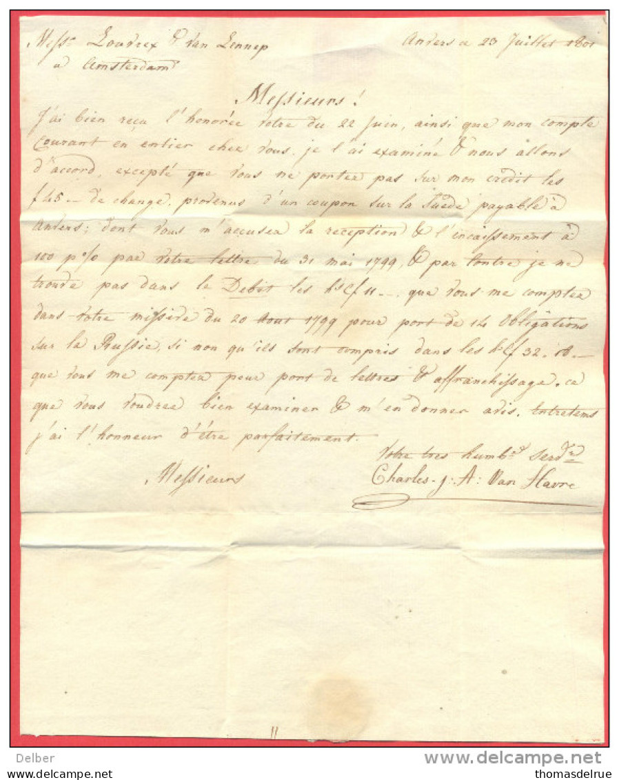 _5i-992: Volledige Brief: Verstuurd Uit 93 / ANVERS  61:[23 Juillet 1801] + > Amsterdam [Nederland] - 1794-1814 (Période Française)