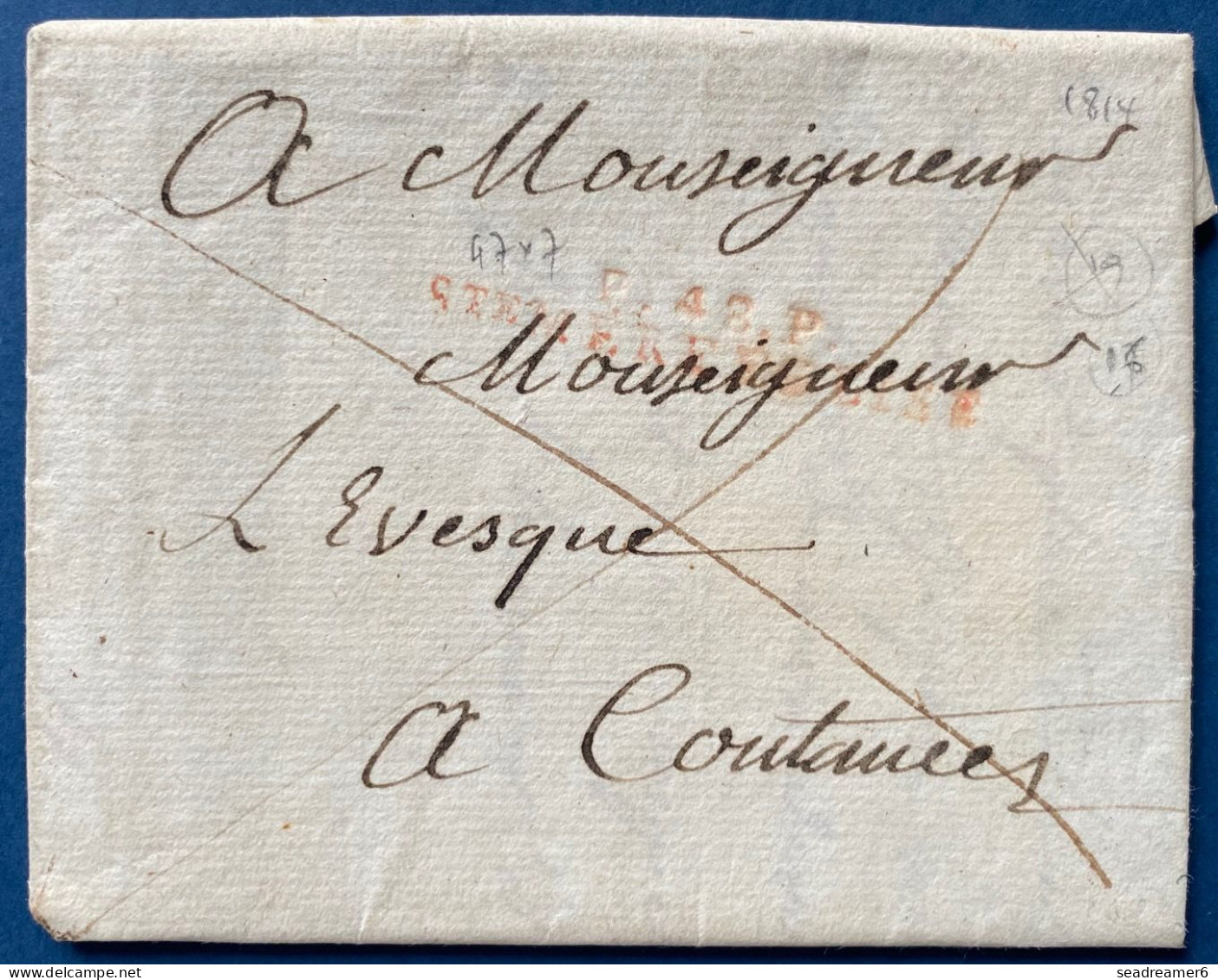 Lettre Marque De PORT PAYE En Rouge " P48P / STe MERE L'EGLISE " 1 DEC 1814 (INDICE 19) Pour COUTANCES Rare - ....-1700: Précurseurs