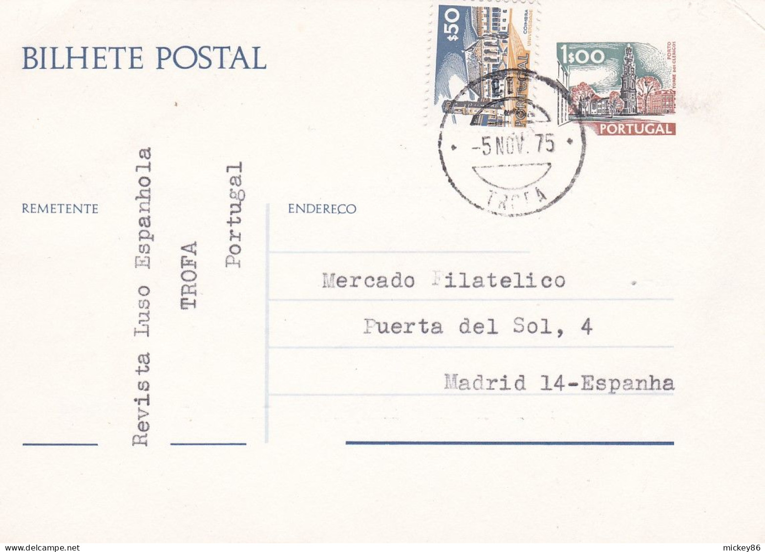 Portugal--1975--Entier CP De TROFA Pour MADRID (Espagne)...cachet + Complément En Timbre - Postal Stationery