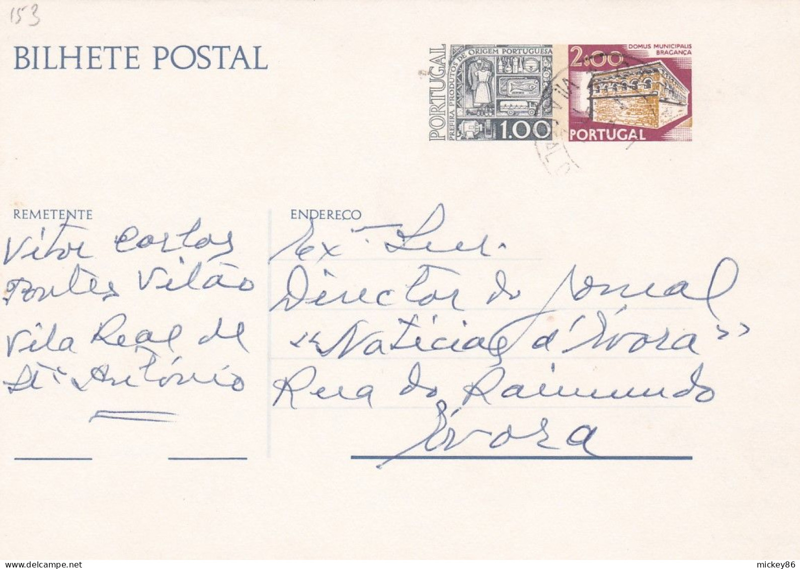 Portugal--Entier CP De VILA REAL SANTO ANTONIO Pour EVORA... - Postal Stationery