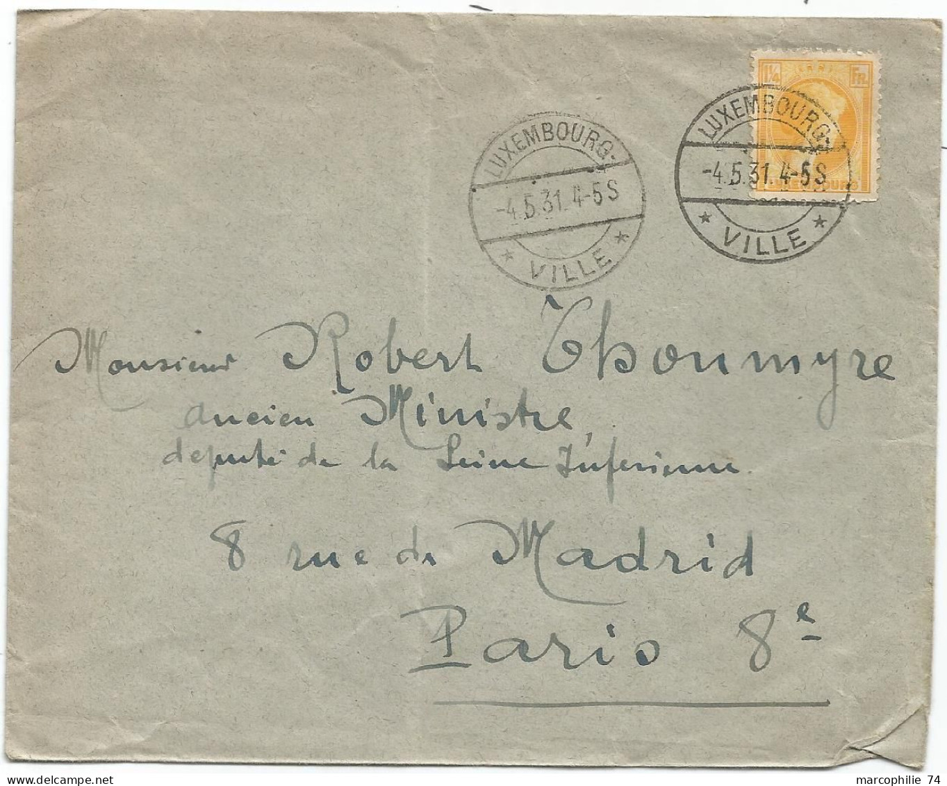 LUXEMBOURG 1 1/4FR SEUL LETTRE COVER LUXEMBOURG 4.5.1931 VILLE POUR PARIS - 1926-39 Charlotte Right-hand Side