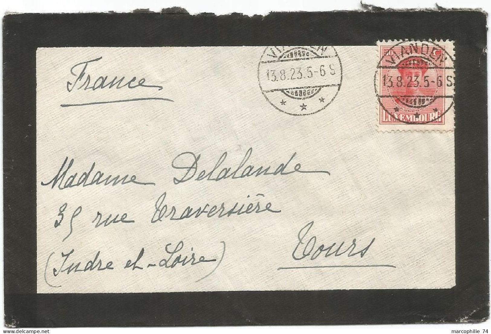 LUXEMBOURG 30C SEUL LETTRE COVER DEUIL VIANDEN 13.8.1923 POUR TOURS FRANCE - 1921-27 Charlotte Di Fronte