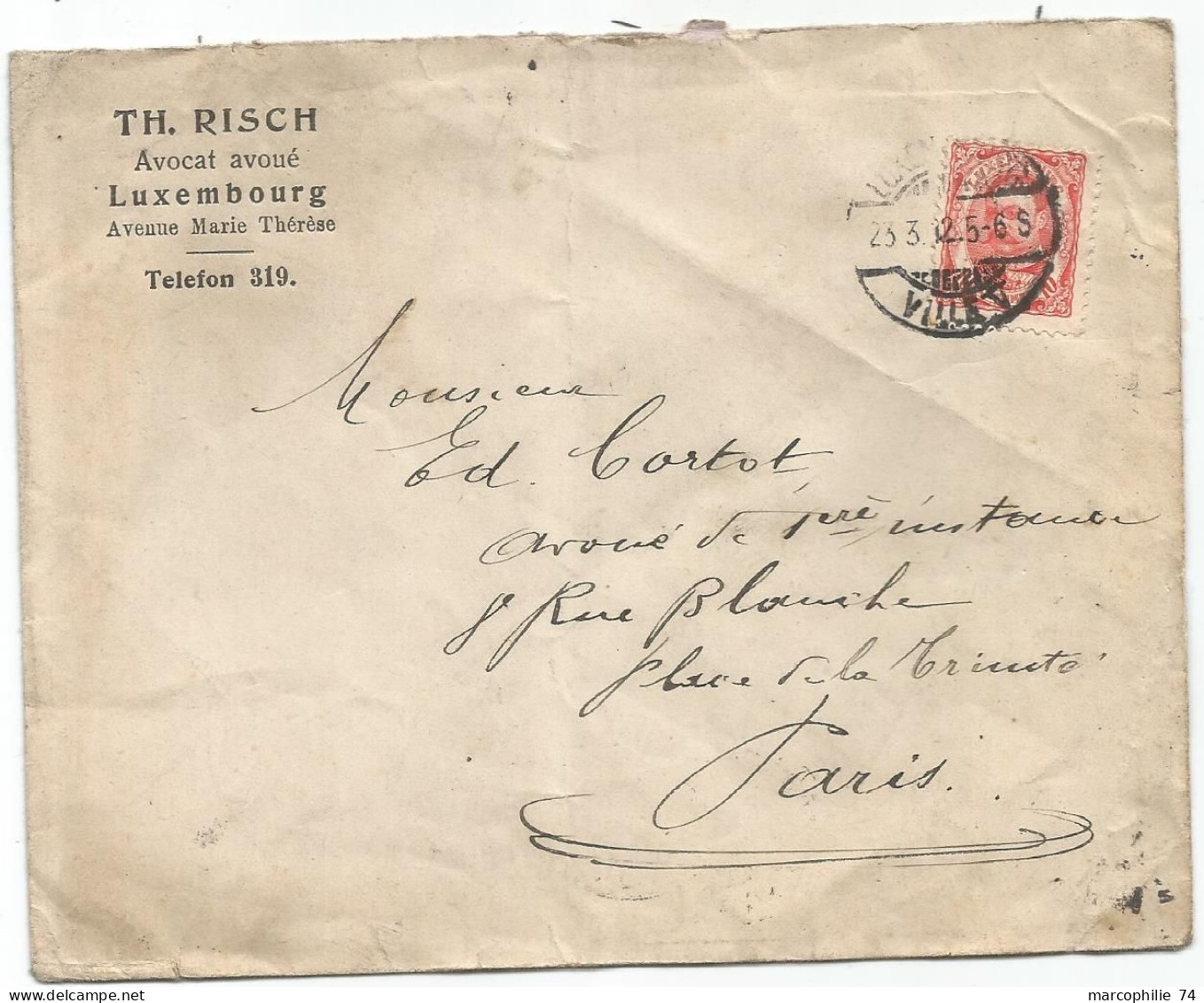 LUXEMBOURG 10C SEUL LETTRE COVER LUXEMBOURG 1912  POUR PARIS - 1906 Guillermo IV
